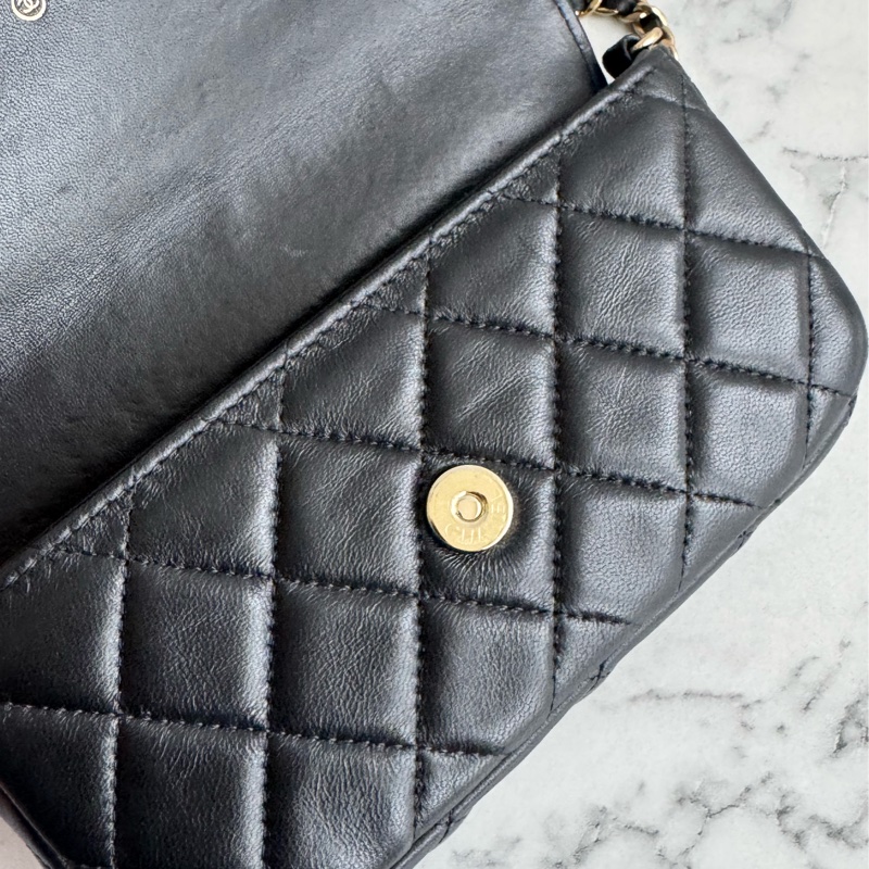 Chanel 黑羊皮淡金雙層斜背包-18