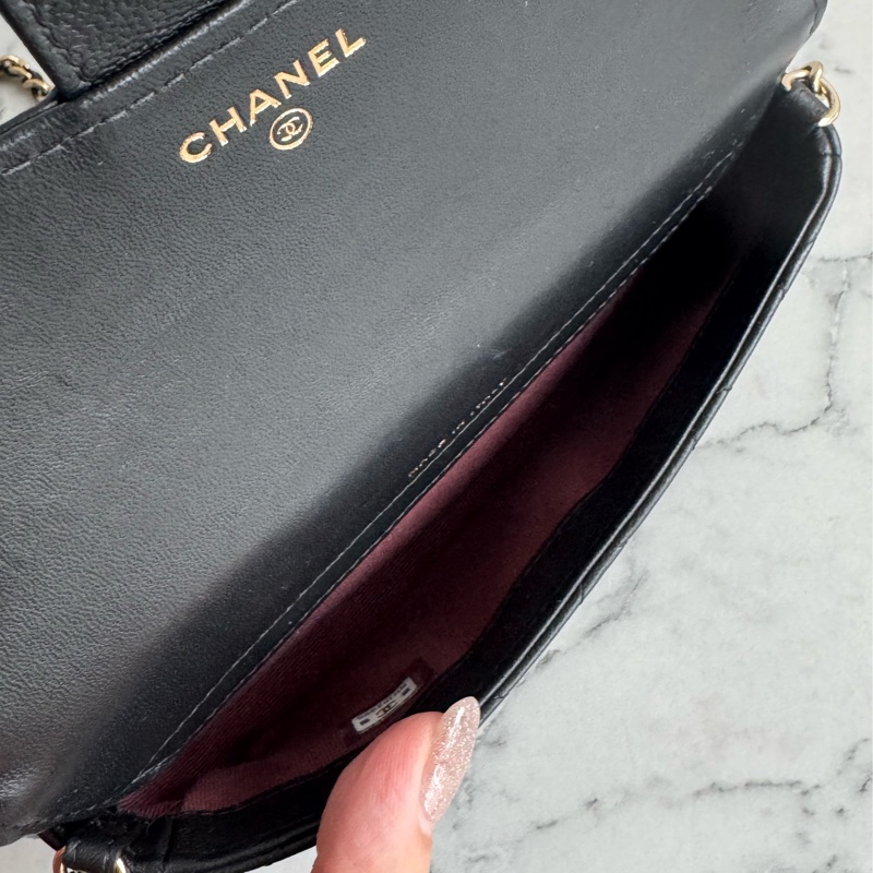 Chanel 黑羊皮淡金雙層斜背包-19