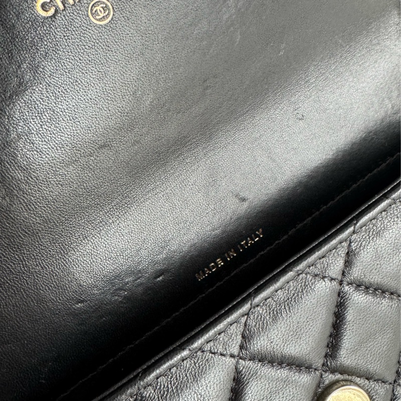 Chanel 黑羊皮淡金雙層斜背包-20