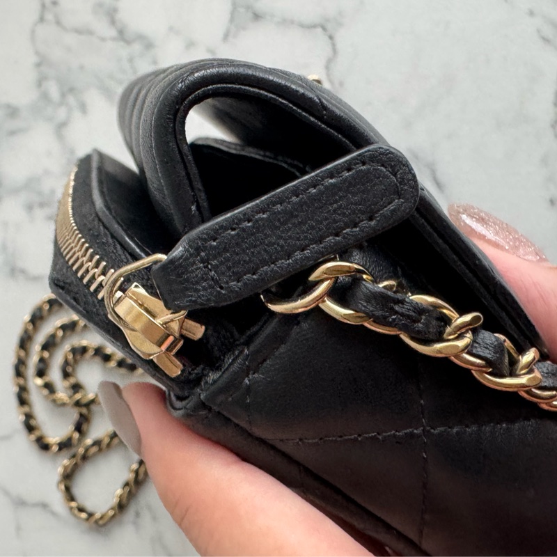 Chanel 黑羊皮淡金雙層斜背包-21