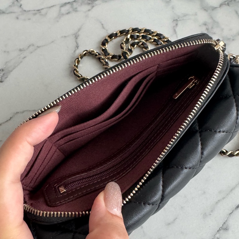 Chanel 黑羊皮淡金雙層斜背包-22