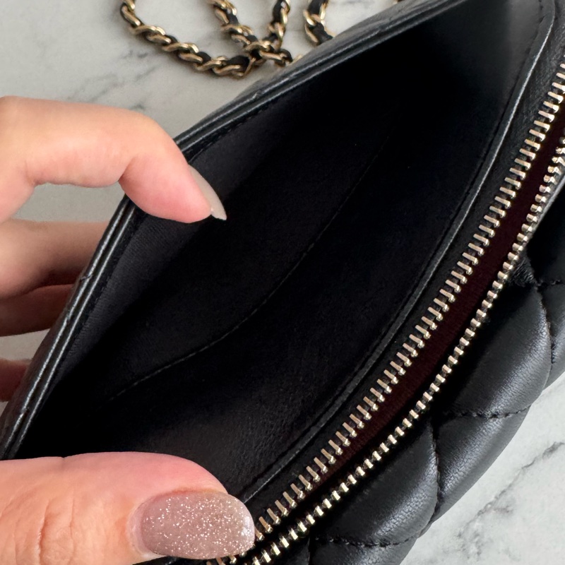 Chanel 黑羊皮淡金雙層斜背包-25