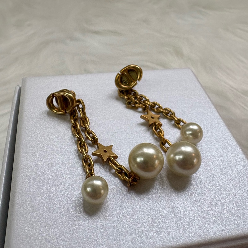 迪奧Dior鏈條吊飾珍珠 耳環 金色-0