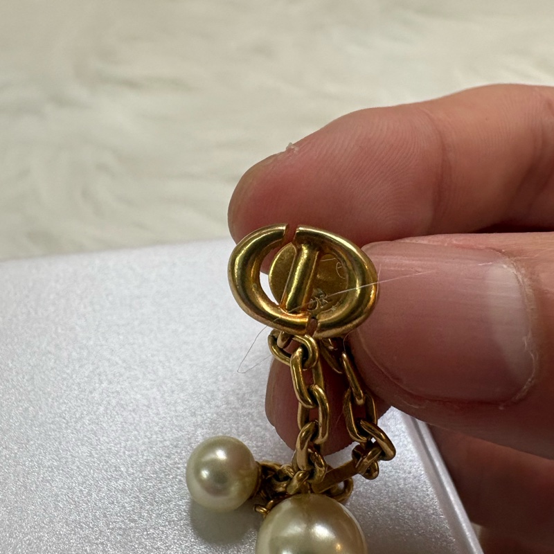 迪奧Dior鏈條吊飾珍珠 耳環 金色-2