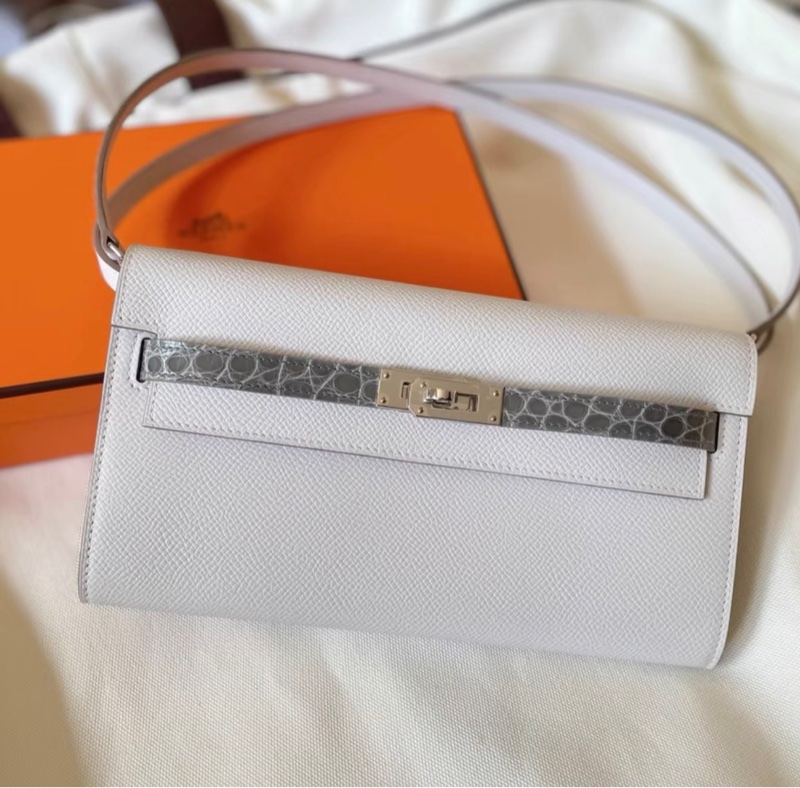 Hermes爱马仕Hermes Kelly to go touch 奶灰色拼冰晶灰鳄鱼皮，epsom皮，b刻，2024年1月票-8