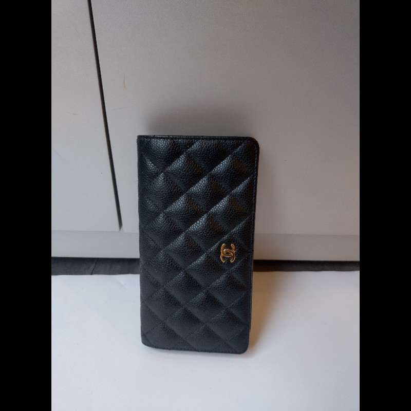 Chanel 黑荔枝皮菱格對開長夾-1
