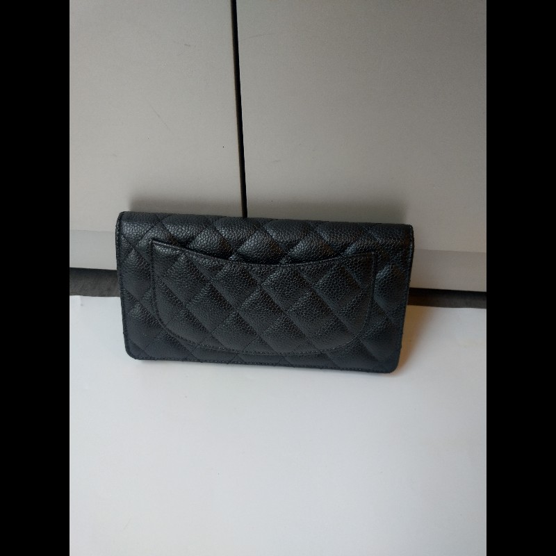 Chanel 黑荔枝皮菱格對開長夾-3