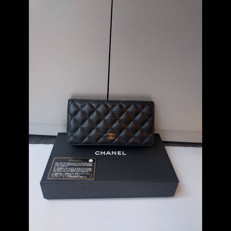 Chanel 黑荔枝皮菱格對開長夾-4