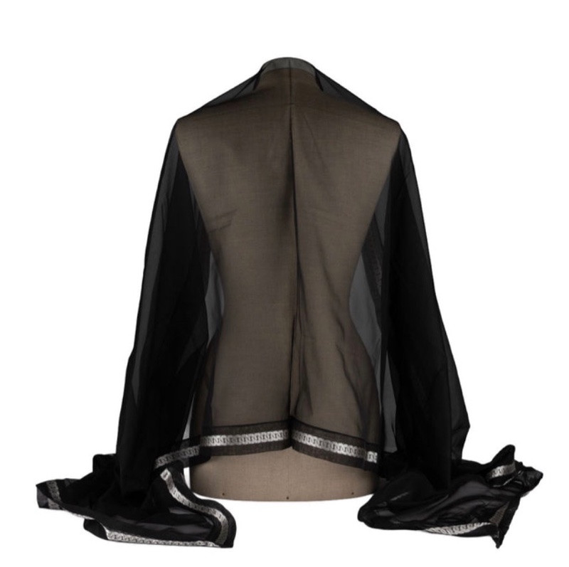 全新❤️閒置CHANEL香奈兒經典薄款透視長披肩長絲巾 銀色復古鏈條鎖鏈提花織邊 100%輕薄半透明-5