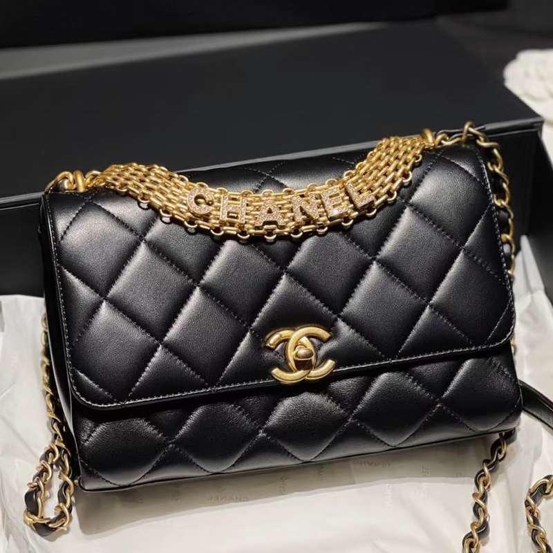 CHANEL💄美神駕到99新限量TNEWChanel 香奈兒黑金水鑽logo字母手柄秀款大號口蓋包鏈條包單肩斜挎包-0