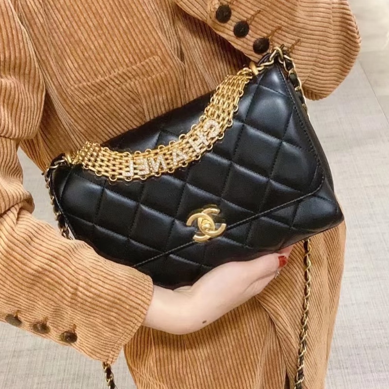 CHANEL💄美神駕到99新限量TNEWChanel 香奈兒黑金水鑽logo字母手柄秀款大號口蓋包鏈條包單肩斜挎包-5