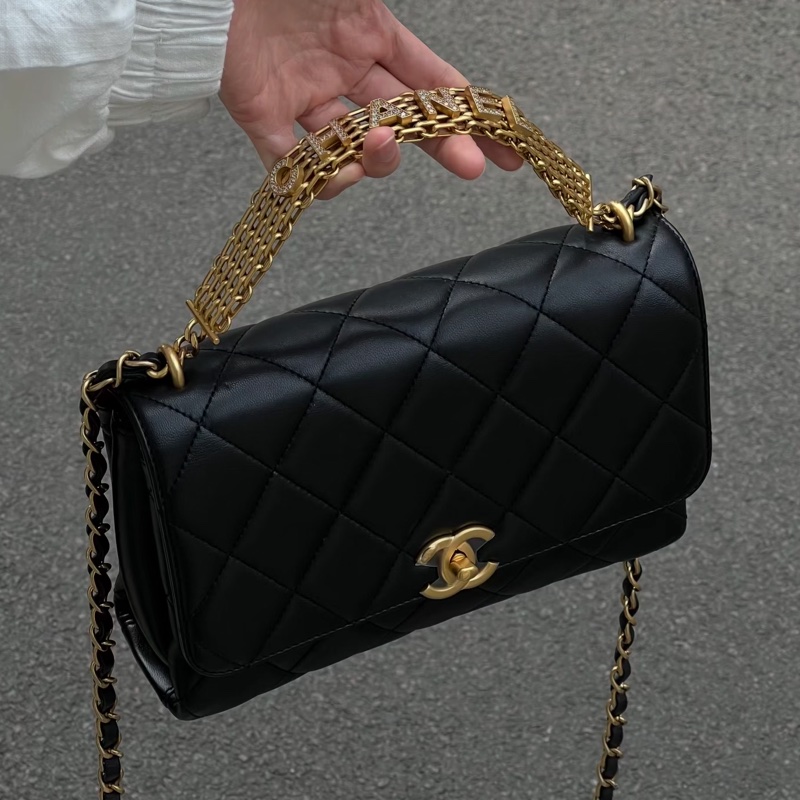 CHANEL💄美神駕到99新限量TNEWChanel 香奈兒黑金水鑽logo字母手柄秀款大號口蓋包鏈條包單肩斜挎包-8