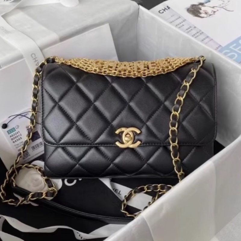 CHANEL💄美神駕到99新限量TNEWChanel 香奈兒黑金水鑽logo字母手柄秀款大號口蓋包鏈條包單肩斜挎包-10