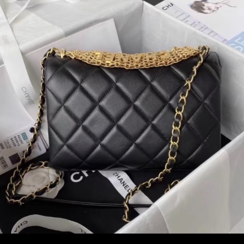 CHANEL💄美神駕到99新限量TNEWChanel 香奈兒黑金水鑽logo字母手柄秀款大號口蓋包鏈條包單肩斜挎包-11