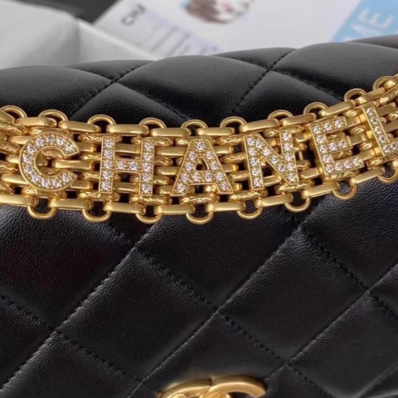 CHANEL💄美神駕到99新限量TNEWChanel 香奈兒黑金水鑽logo字母手柄秀款大號口蓋包鏈條包單肩斜挎包-12