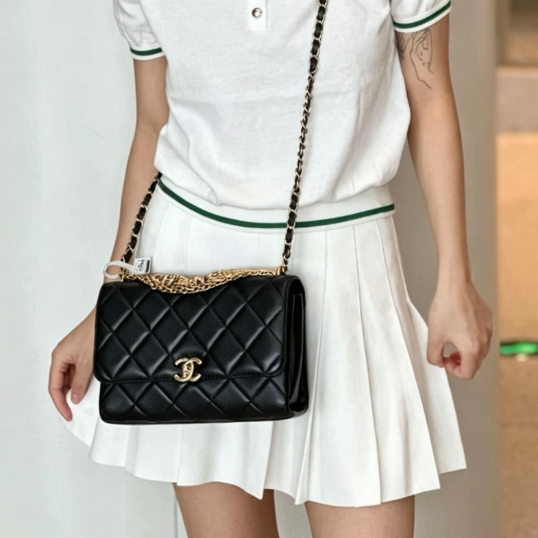 CHANEL💄美神駕到99新限量TNEWChanel 香奈兒黑金水鑽logo字母手柄秀款大號口蓋包鏈條包單肩斜挎包-18