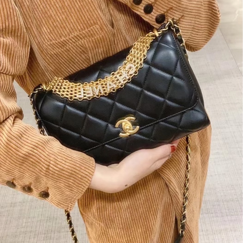 CHANEL💄美神駕到99新限量TNEWChanel 香奈兒黑金水鑽logo字母手柄秀款大號口蓋包鏈條包單肩斜挎包-19