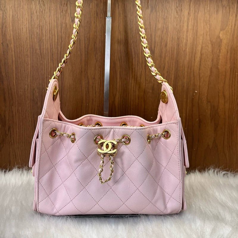 Chanel香奈兒 26C 25bag mini 淺粉色金扣荔枝牛皮芯片款  附件：單包-0