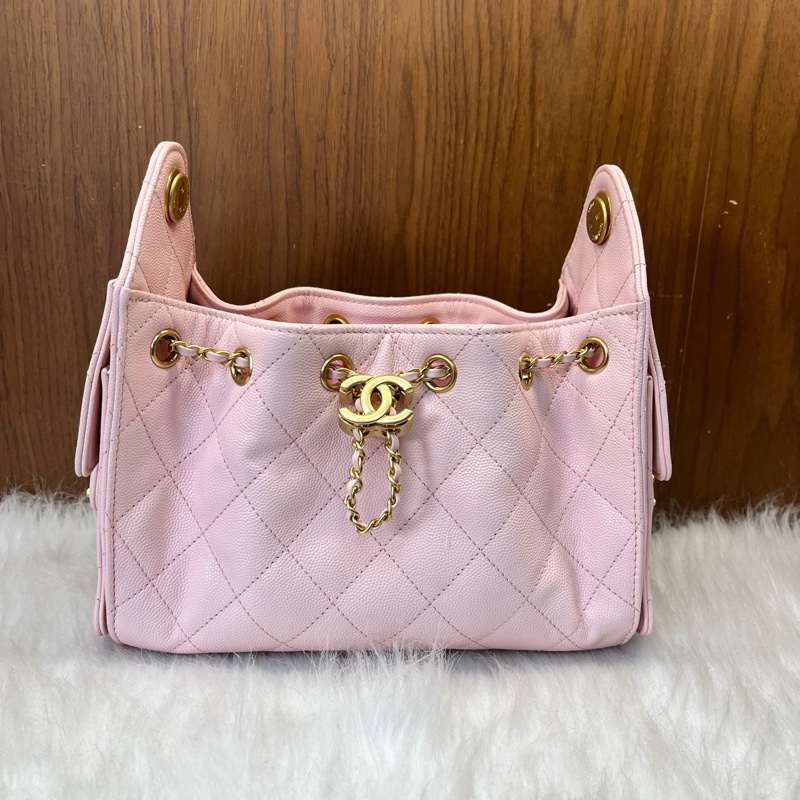 Chanel香奈兒 26C 25bag mini 淺粉色金扣荔枝牛皮芯片款  附件：單包-1