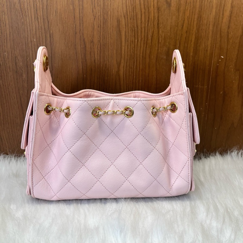 Chanel香奈兒 26C 25bag mini 淺粉色金扣荔枝牛皮芯片款  附件：單包-2