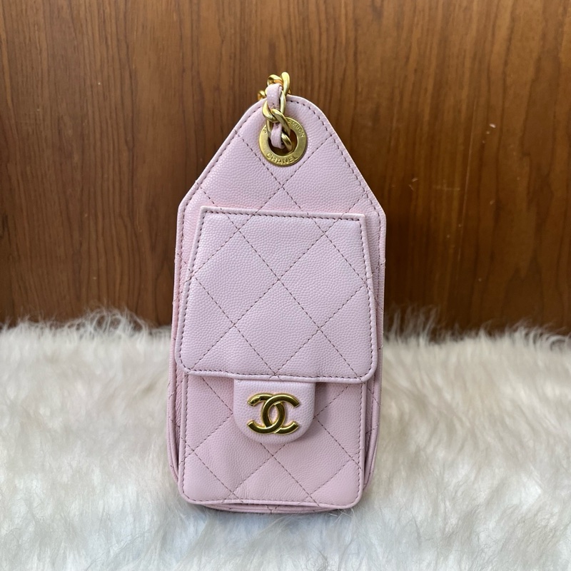 Chanel香奈兒 26C 25bag mini 淺粉色金扣荔枝牛皮芯片款  附件：單包-3