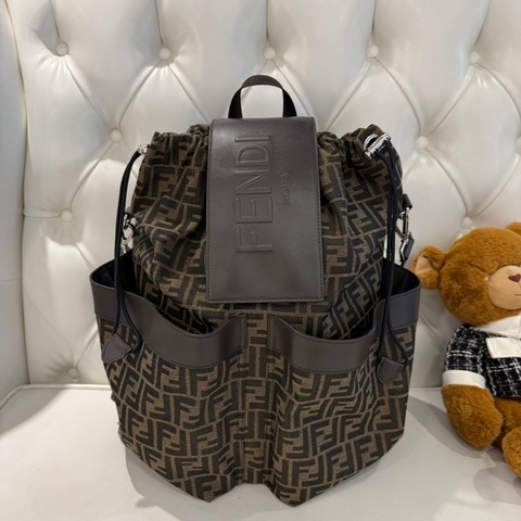 FENDI緹花布拼皮革後背包/咖啡色