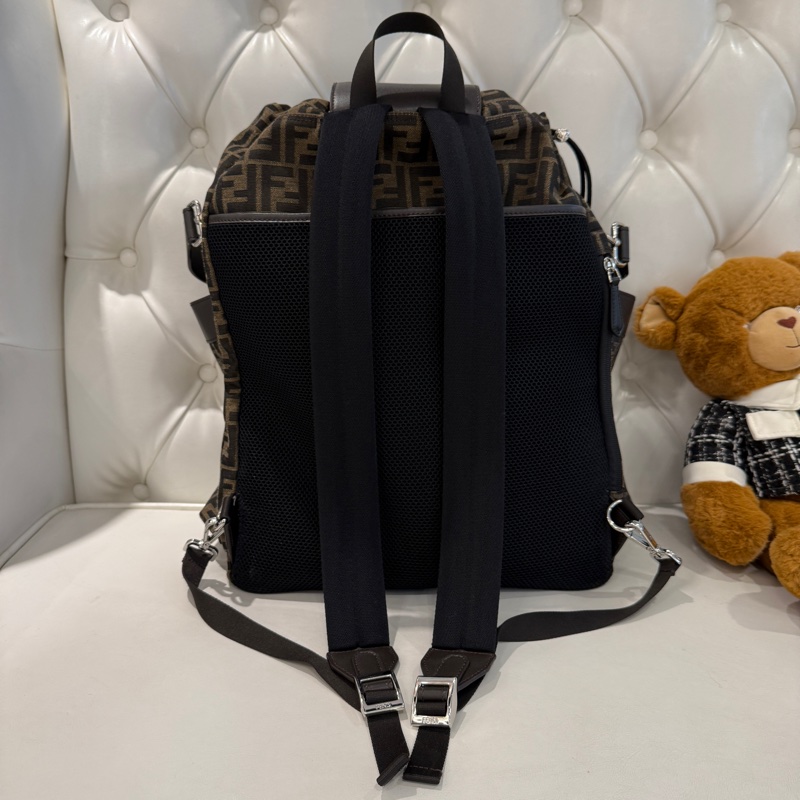 FENDI緹花布拼皮革後背包/咖啡色-2