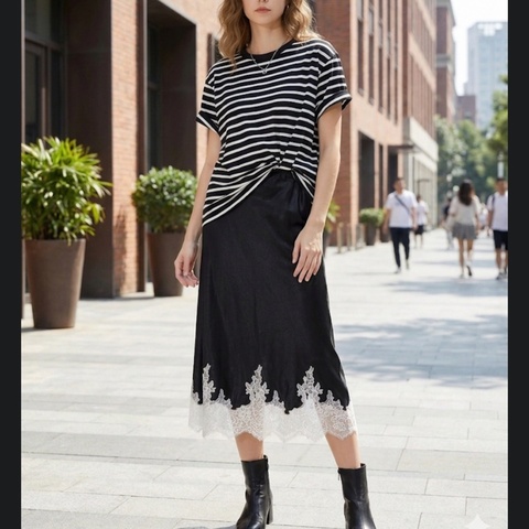 99）精品3.1 Phillip Lim 條紋拼接緞面洋裝：層次感細膩蕾絲  L號