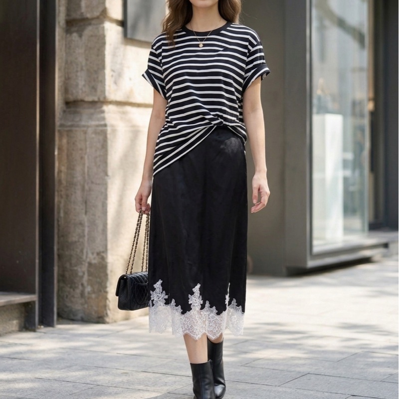 99）精品3.1 Phillip Lim 條紋拼接緞面洋裝：層次感細膩蕾絲  L號-1