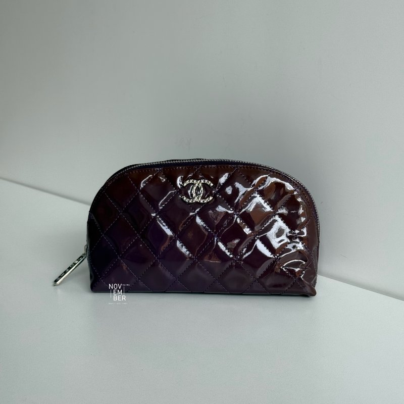 98新💜 保卡款 Chanel 香奈兒 浮雕雙C化妝包 紫色銀釦-0