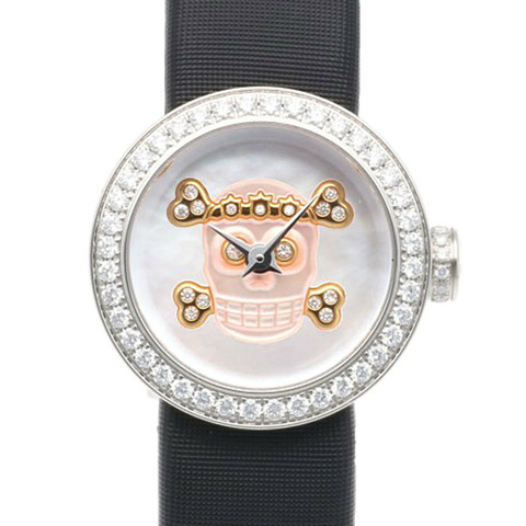 Dior La腕錶，不鏽鋼錶殼，石英機芯，女士款，鑲鑽錶圈，白色錶殼，骷髏頭圖案。 (CD040110-J)