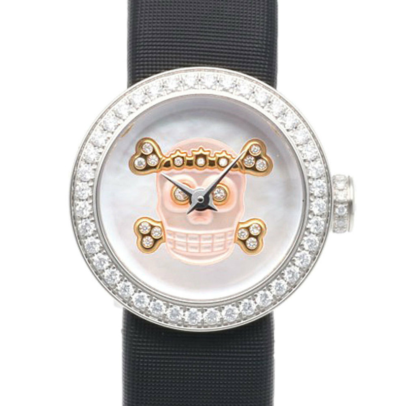 Dior La腕錶，不鏽鋼錶殼，石英機芯，女士款，鑲鑽錶圈，白色錶殼，骷髏頭圖案。 (CD040110-J)-0