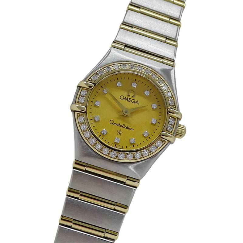 歐米茄星座系列迷你1267.15女錶，品牌名稱，鑲鑽，石英機芯，不銹鋼(SS)/黃金(YG)組合，全條錶帶-0