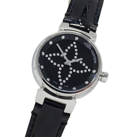 路易威登 (Louis Vuitton) 女士腕錶 Tambour Forever 鑽石石英 QZ 不鏽鋼 SS 皮革 Q12M5 銀色黑色