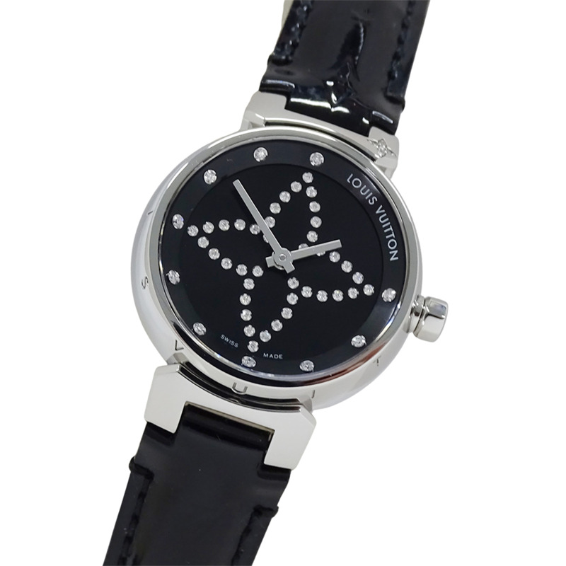 路易威登 (Louis Vuitton) 女士腕錶 Tambour Forever 鑽石石英 QZ 不鏽鋼 SS 皮革 Q12M5 銀色黑色-0
