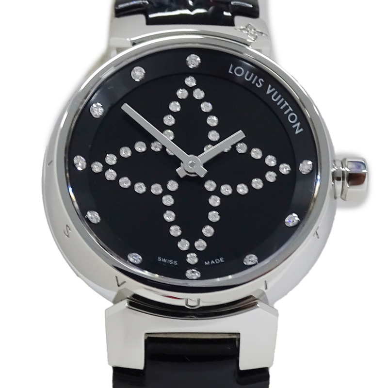 路易威登 (Louis Vuitton) 女士腕錶 Tambour Forever 鑽石石英 QZ 不鏽鋼 SS 皮革 Q12M5 銀色黑色-1