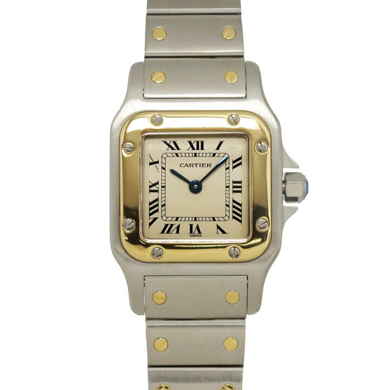 卡地亞 Santos Galbee SM W20012C4 雙色女錶，象牙色及18K黃金，石英錶-0