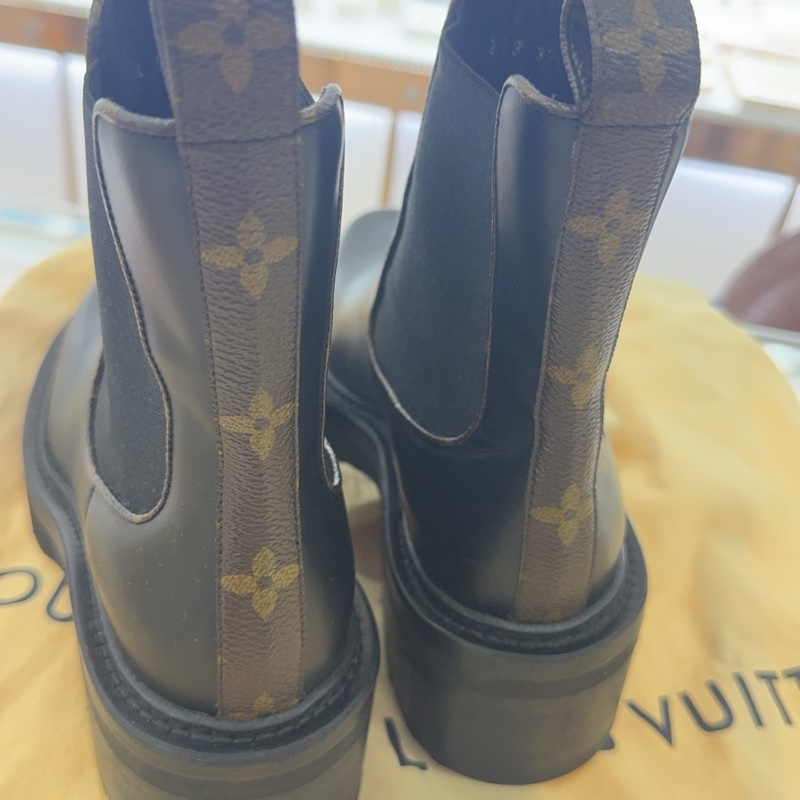 LouisVuitton經典黑色牛皮拼老花粗跟中筒靴 塵袋+有盒子/ 37.5-1