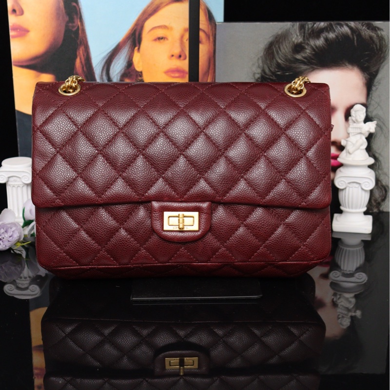 Chanel 香奈兒2.55鏈條包 中號 紅金 荔枝牛皮 28*18*7-0
