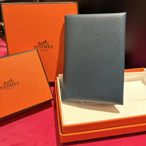 HERMES Epsom小牛皮Calvi卡夾 藍/青綠 W刻