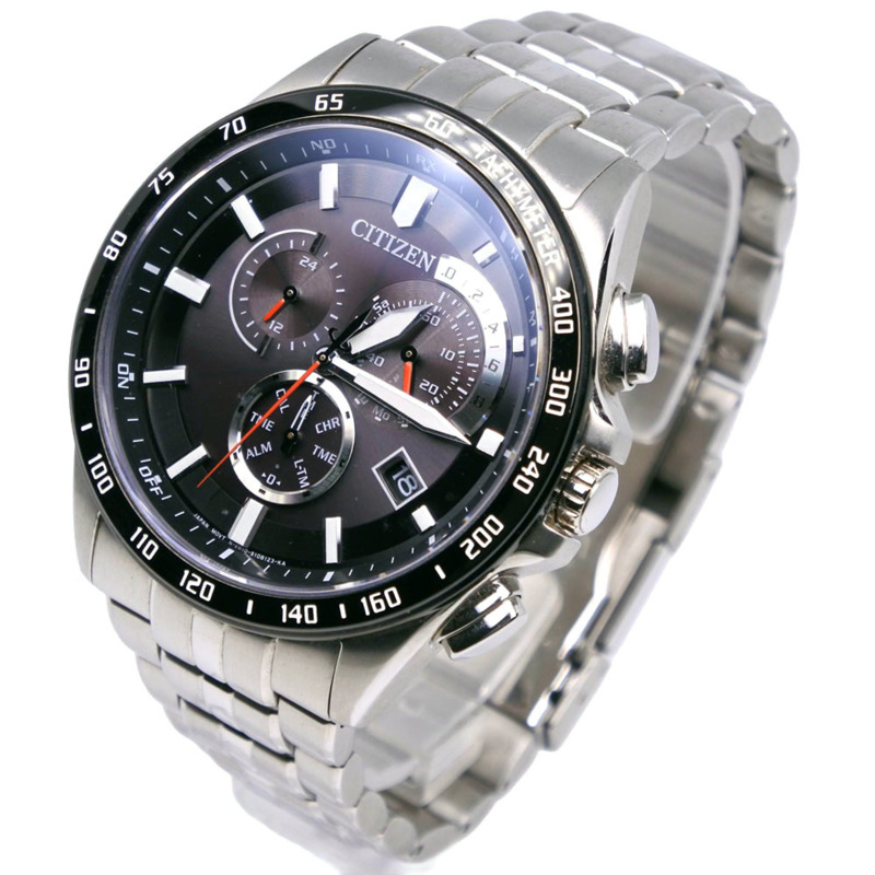 西鐵城 AT3004-58E E610-S074339 男士腕錶，不鏽鋼銀色錶殼，光動能電波計時碼錶，黑色錶盤-1