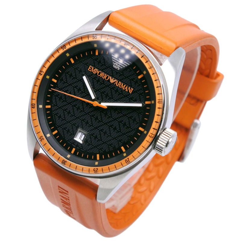 Emporio Armani AR-0526 男士腕錶，不鏽鋼 x 橡膠錶帶，橘色錶帶，石英機芯，指針式，黑色錶盤-1
