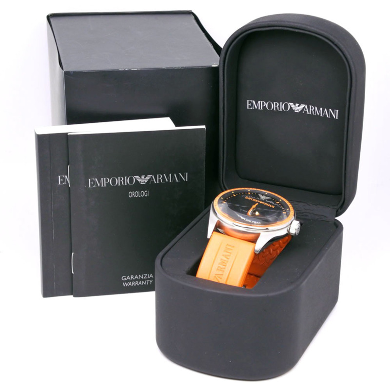 Emporio Armani AR-0526 男士腕錶，不鏽鋼 x 橡膠錶帶，橘色錶帶，石英機芯，指針式，黑色錶盤-7