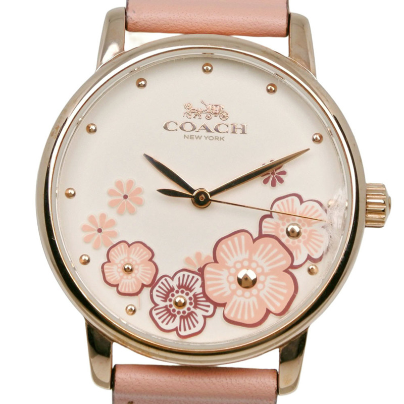 Coach 手錶 CA.113.7.34.1539，不鏽鋼和皮革錶帶，石英，模擬，白色錶盤，女士。-0
