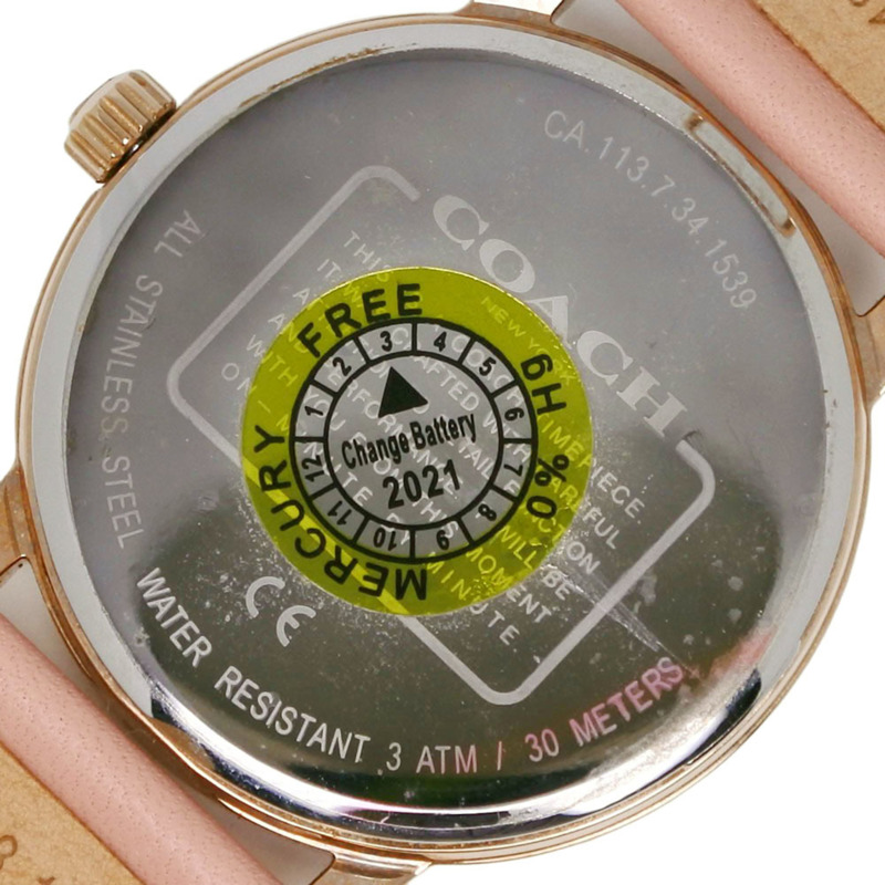 Coach 手錶 CA.113.7.34.1539，不鏽鋼和皮革錶帶，石英，模擬，白色錶盤，女士。-6