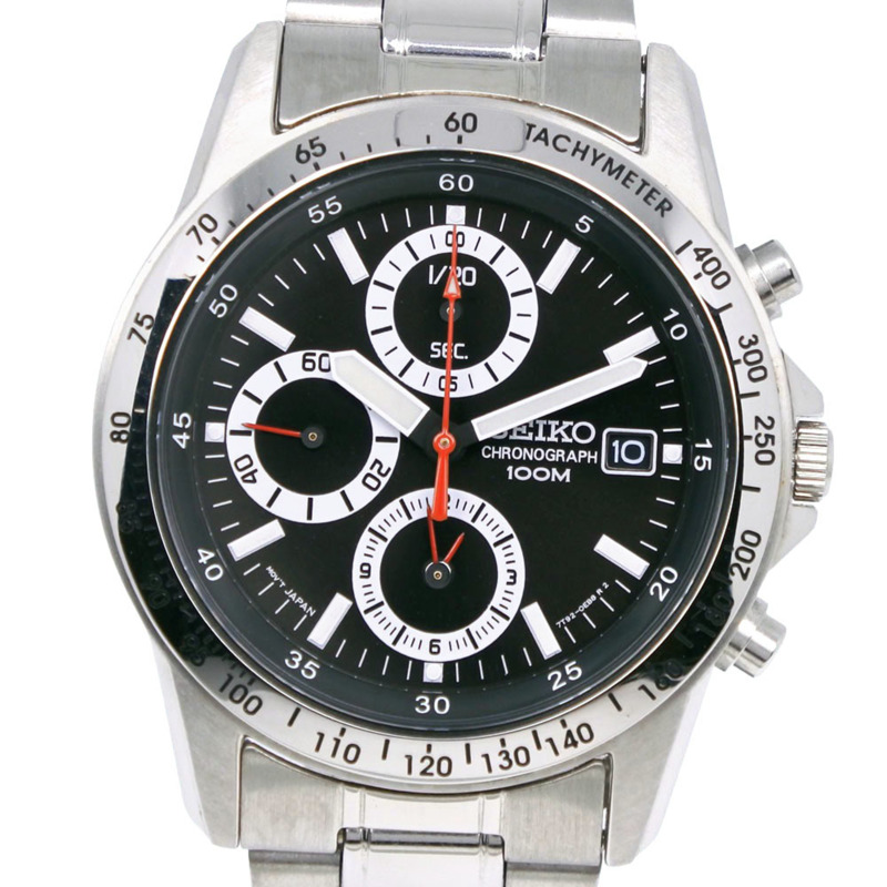 精工 (Seiko) 計時腕錶，海外系列 7T92-0DW0，不鏽鋼錶殼，銀色錶盤，石英機芯，計時功能，黑色錶盤，男士款-0