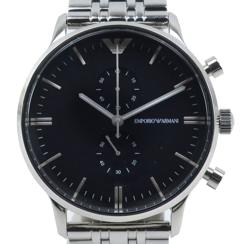 Emporio Armani AR0389 不鏽鋼銀色石英計時男錶，黑色錶盤-0
