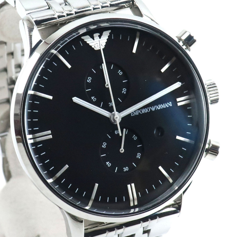 Emporio Armani AR0389 不鏽鋼銀色石英計時男錶，黑色錶盤-2