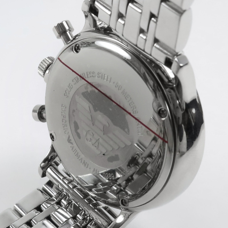Emporio Armani AR0389 不鏽鋼銀色石英計時男錶，黑色錶盤-6