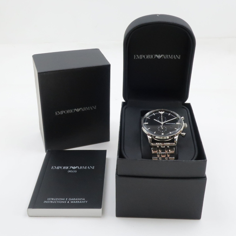 Emporio Armani AR0389 不鏽鋼銀色石英計時男錶，黑色錶盤-9